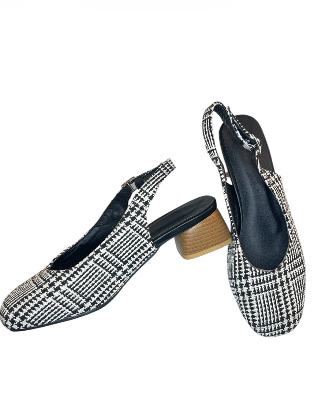 Classic Black & White Plaid Slingback Woven Design Block Heeled Mules Women’s 41